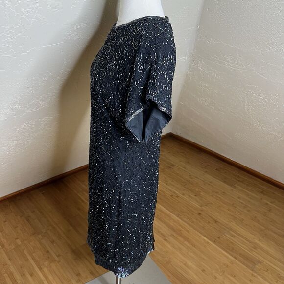 Laurence Kazar Dress Medium Petite Black Silk Rainbow Beaded Short Dolman Sleeve - Picture 7 of 11